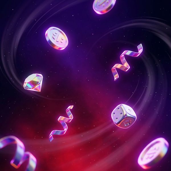 Glossy 3D casino props drifting through cosmic nebula