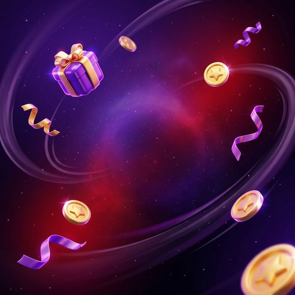 Gift box and bonus chip floating in cosmic glow